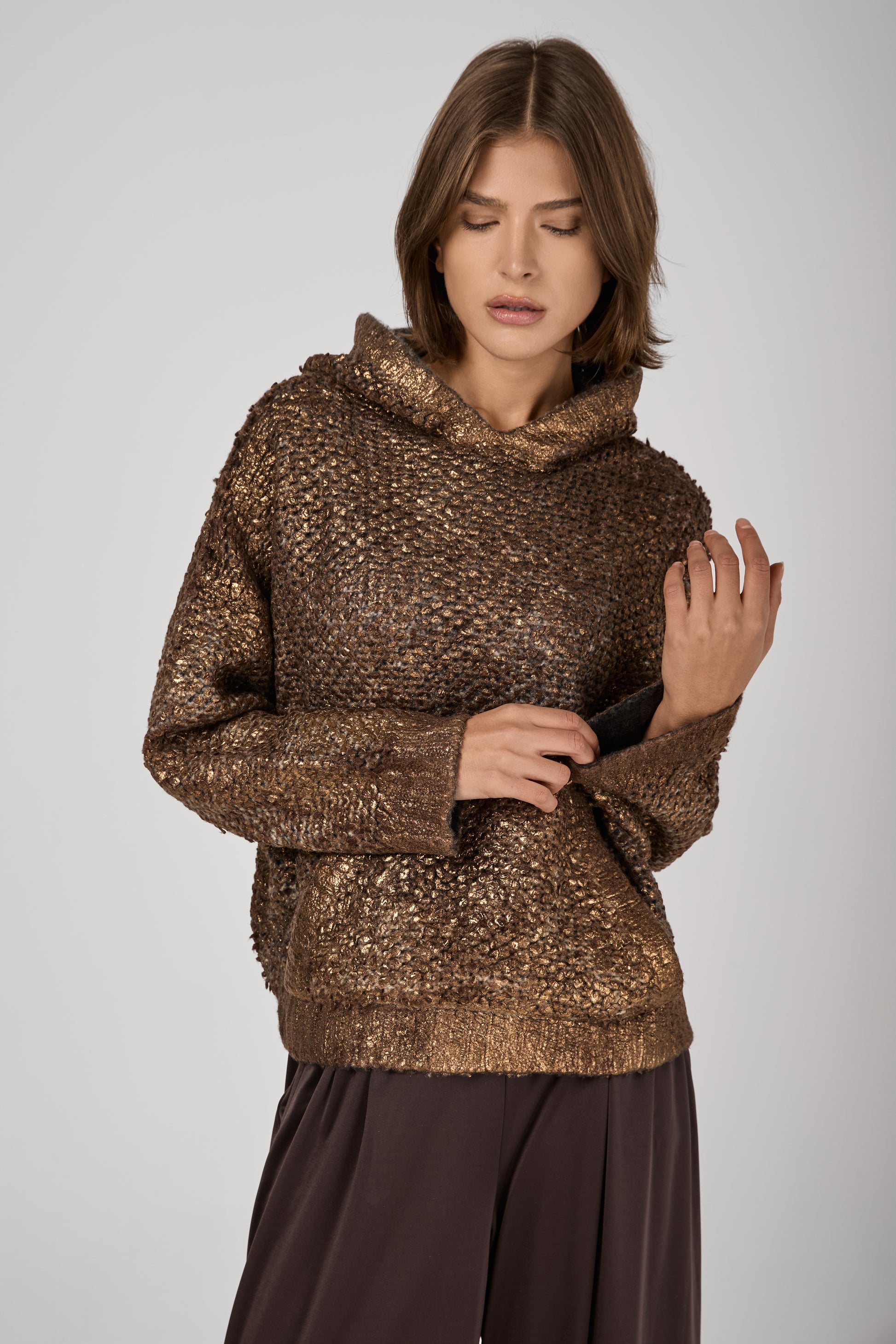 AVANT TOI Hand Painted Furry Stitch Hooded Pullover with Lamination in Antilope
