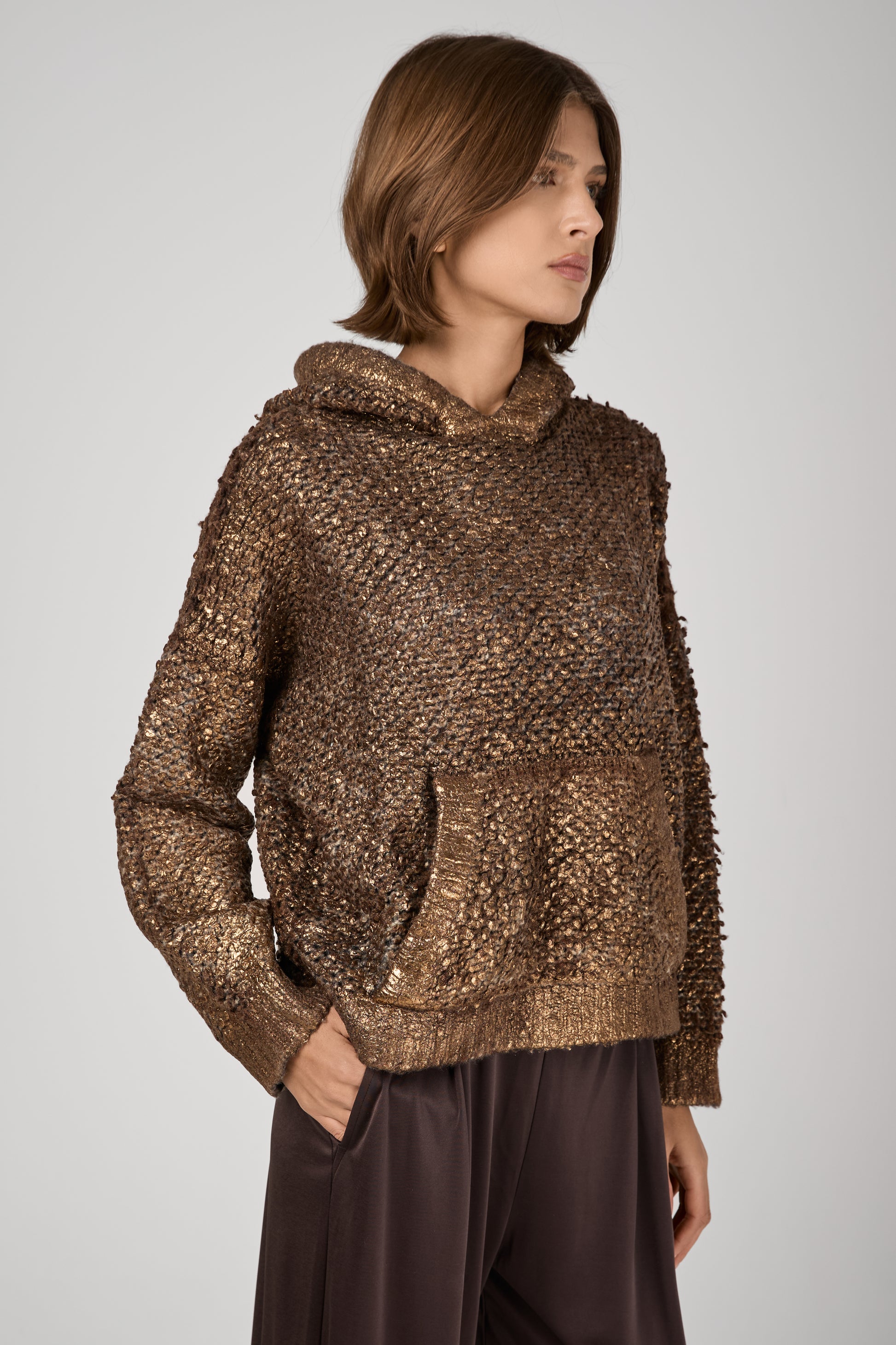 AVANT TOI Hand Painted Furry Stitch Hooded Pullover with Lamination in Antilope