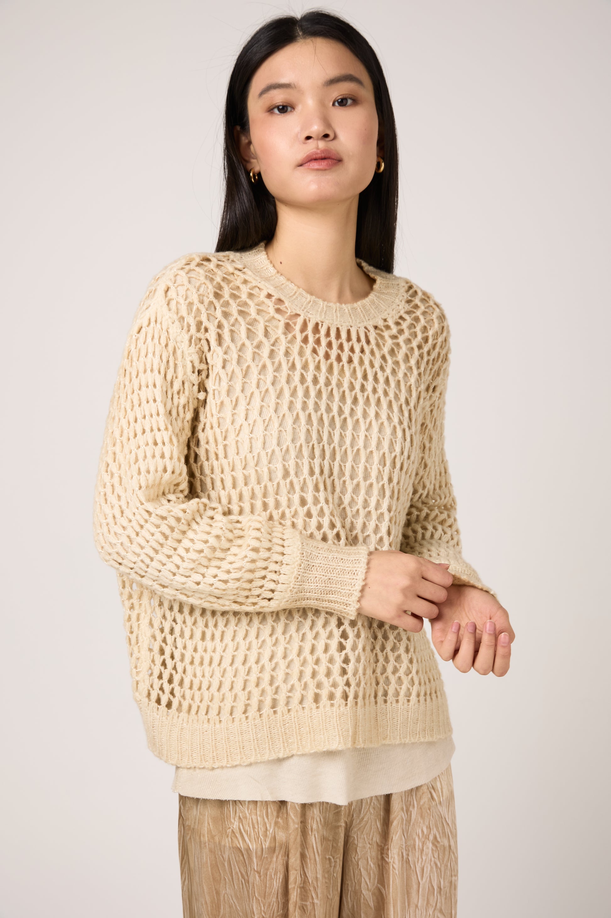 AVANT TOI Hand Painted Lace Stitch Cashmere Silk Pullover in Vaniglia