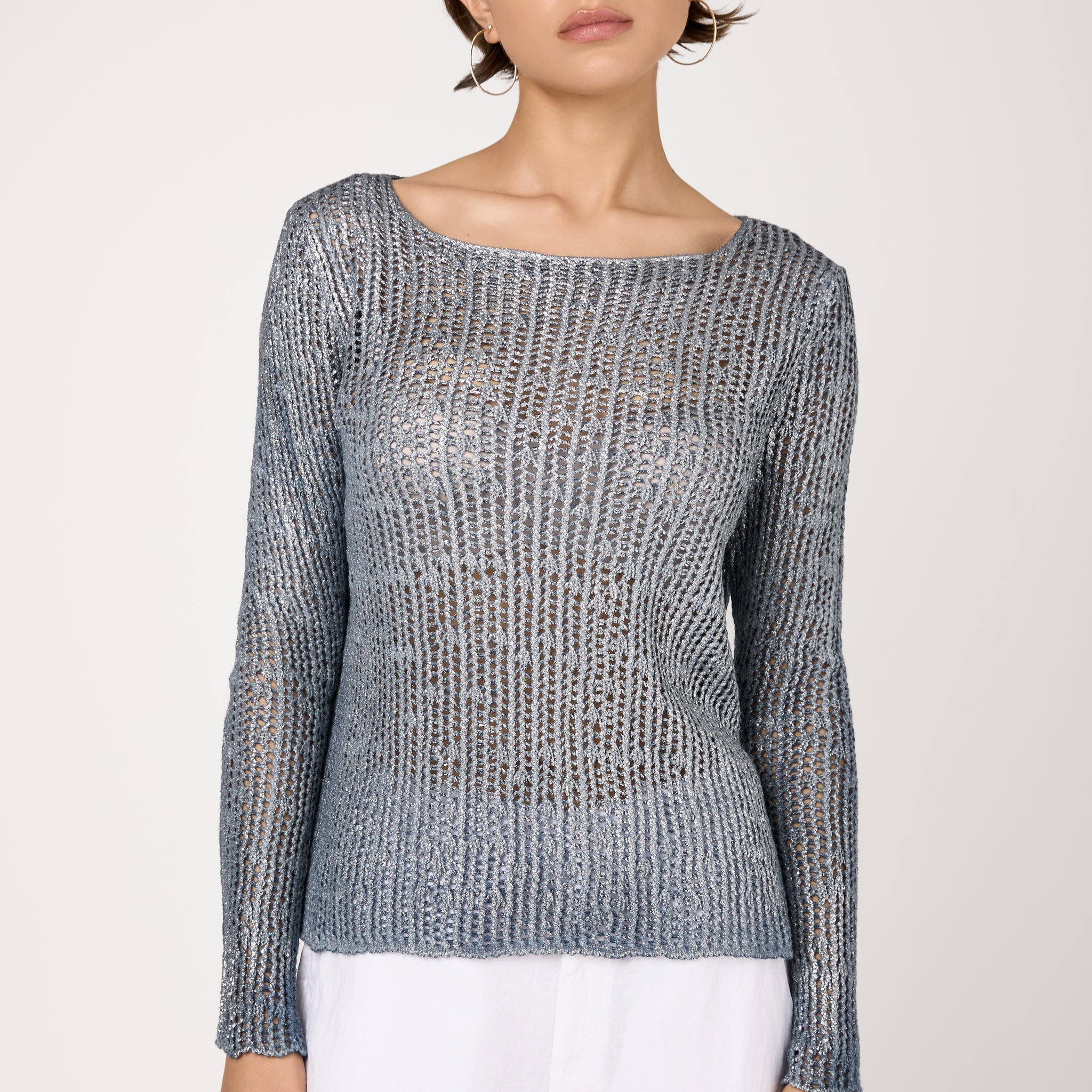 Hand Painted Laminated Boat Net Net Cashmere Pullover in Titanium