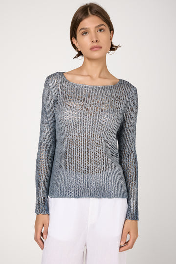 Hand Painted Laminated Boat Net Net Cashmere Pullover in Titanium