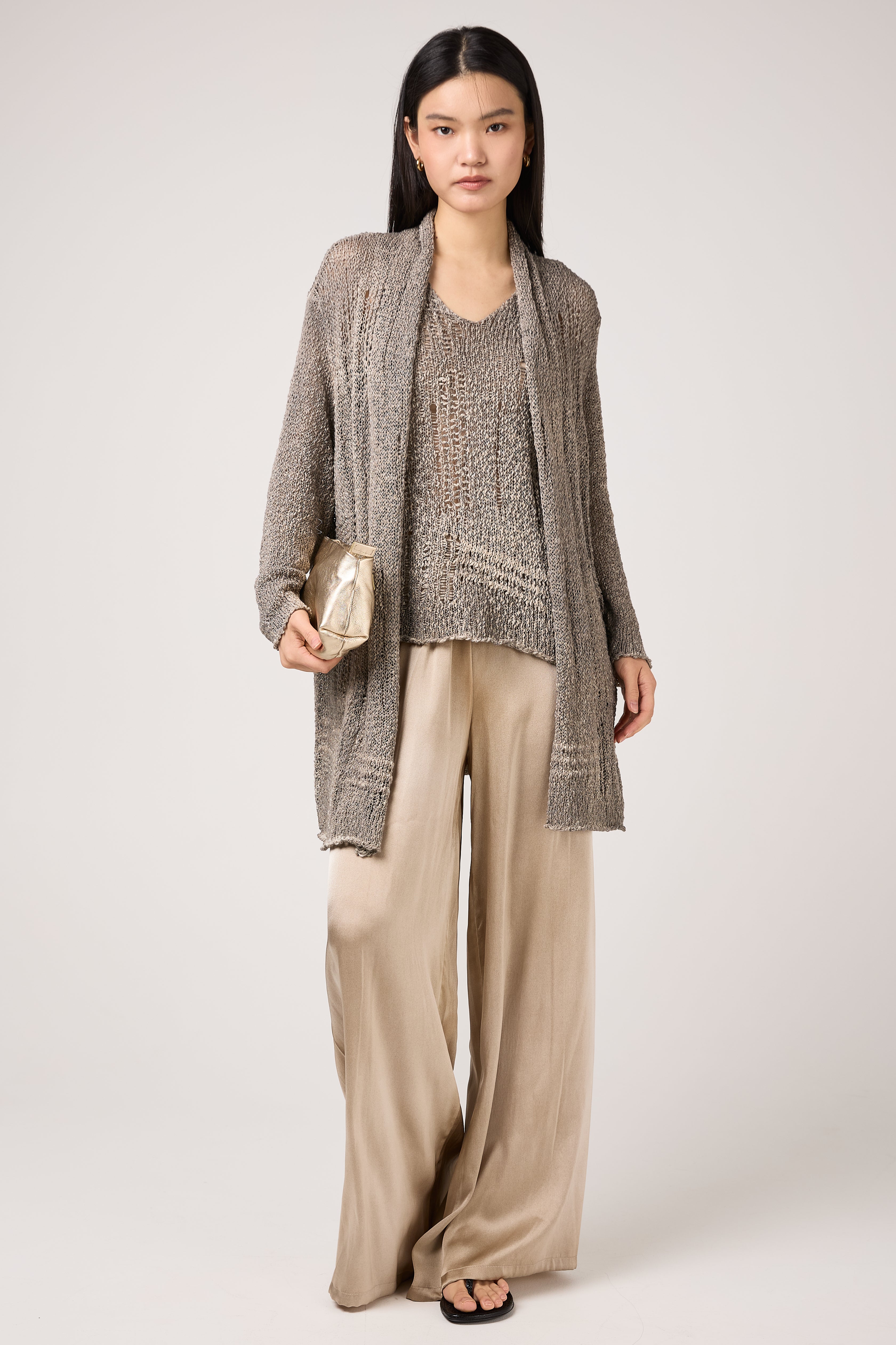 Hand Painted Openwork Knit Shawled Cardigan in Fango