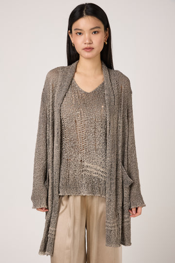 Hand Painted Openwork Knit Shawled Cardigan in Fango