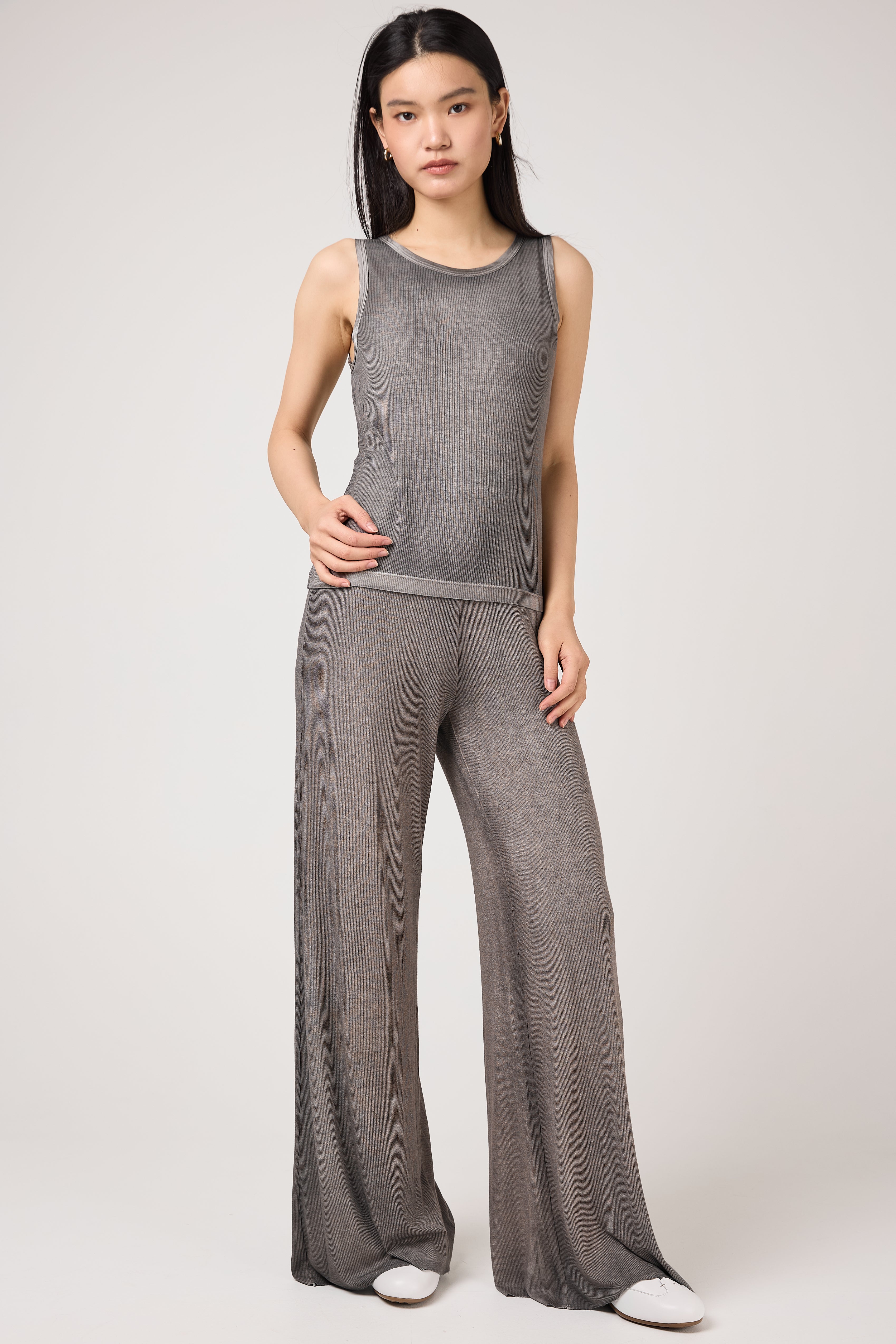 Hand Painted Ribbed Palazzo Pant in Fango