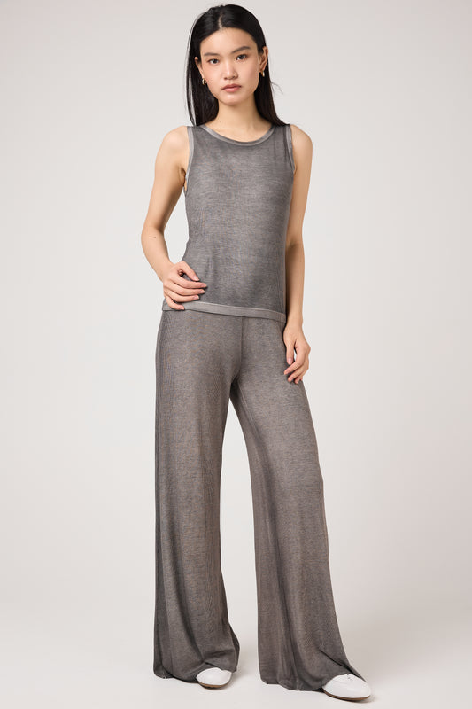 Hand Painted Ribbed Palazzo Pant in Fango