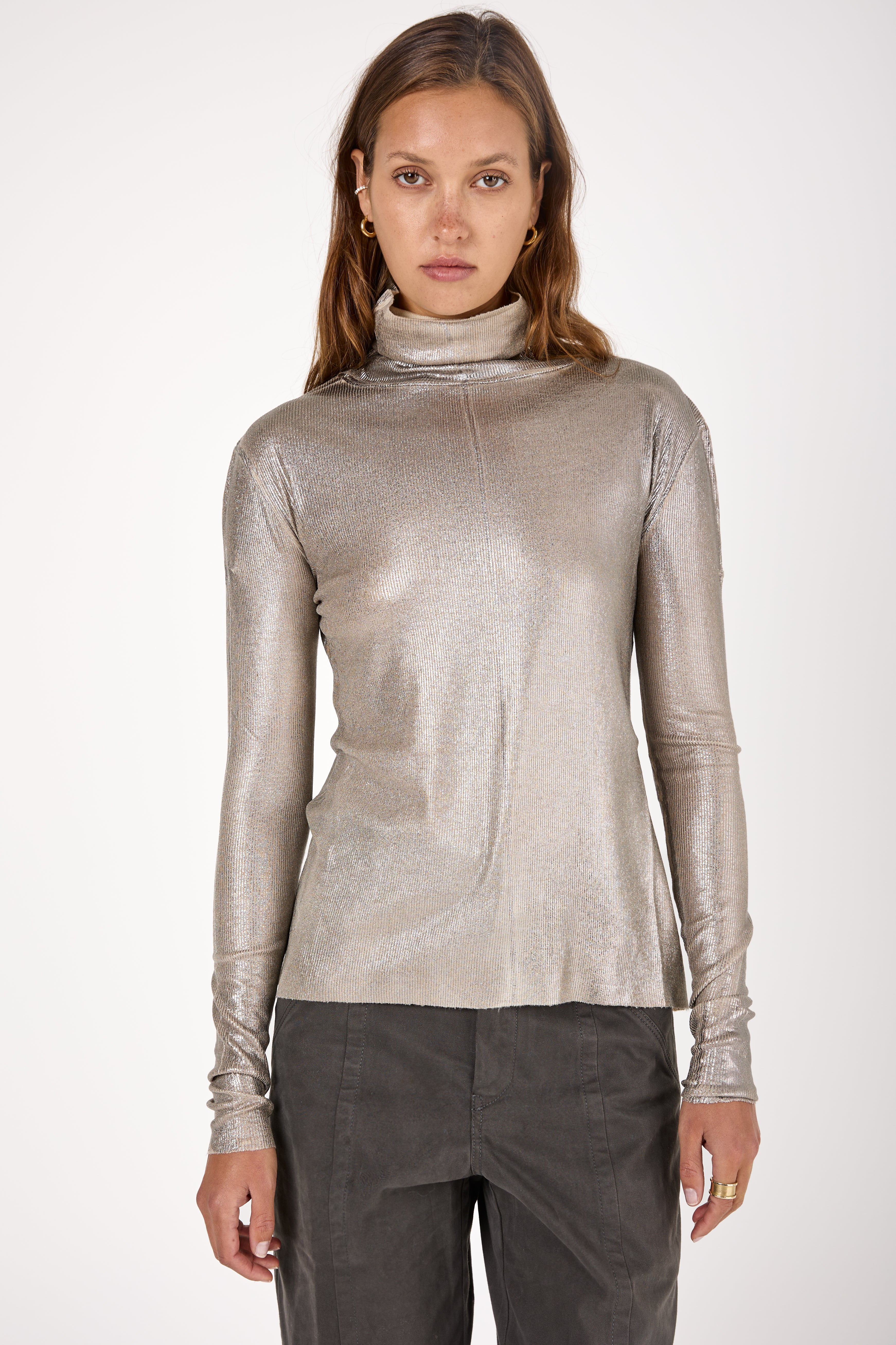 High Neck Ribbed Long Sleeve Top with Lamination in Burro