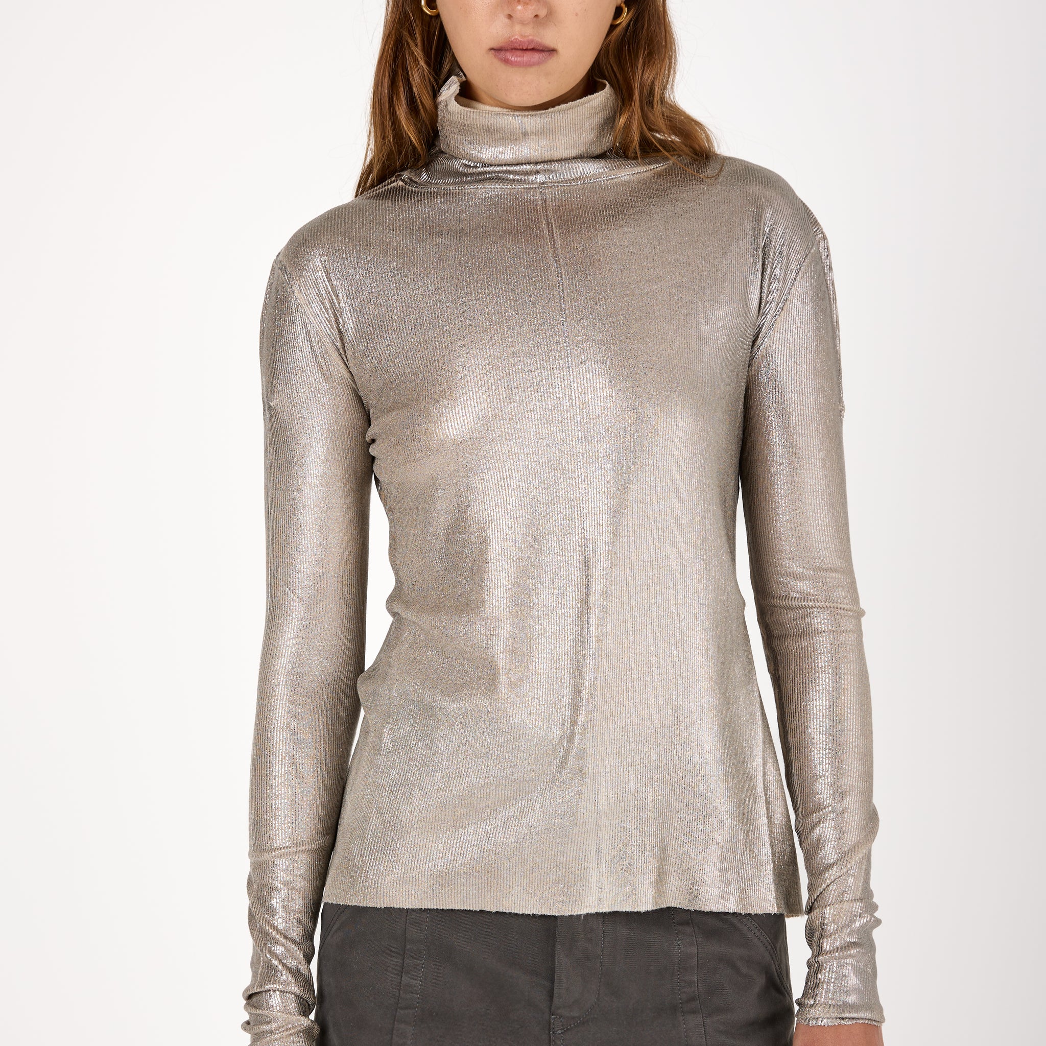 High Neck Ribbed Long Sleeve Top with Lamination in Burro