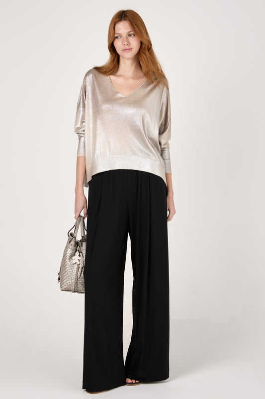 Laminated Cashmere Silk V-Neck Pullover in Noce Moscata