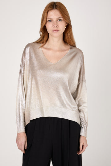 Laminated Cashmere Silk V-Neck Pullover in Noce Moscata