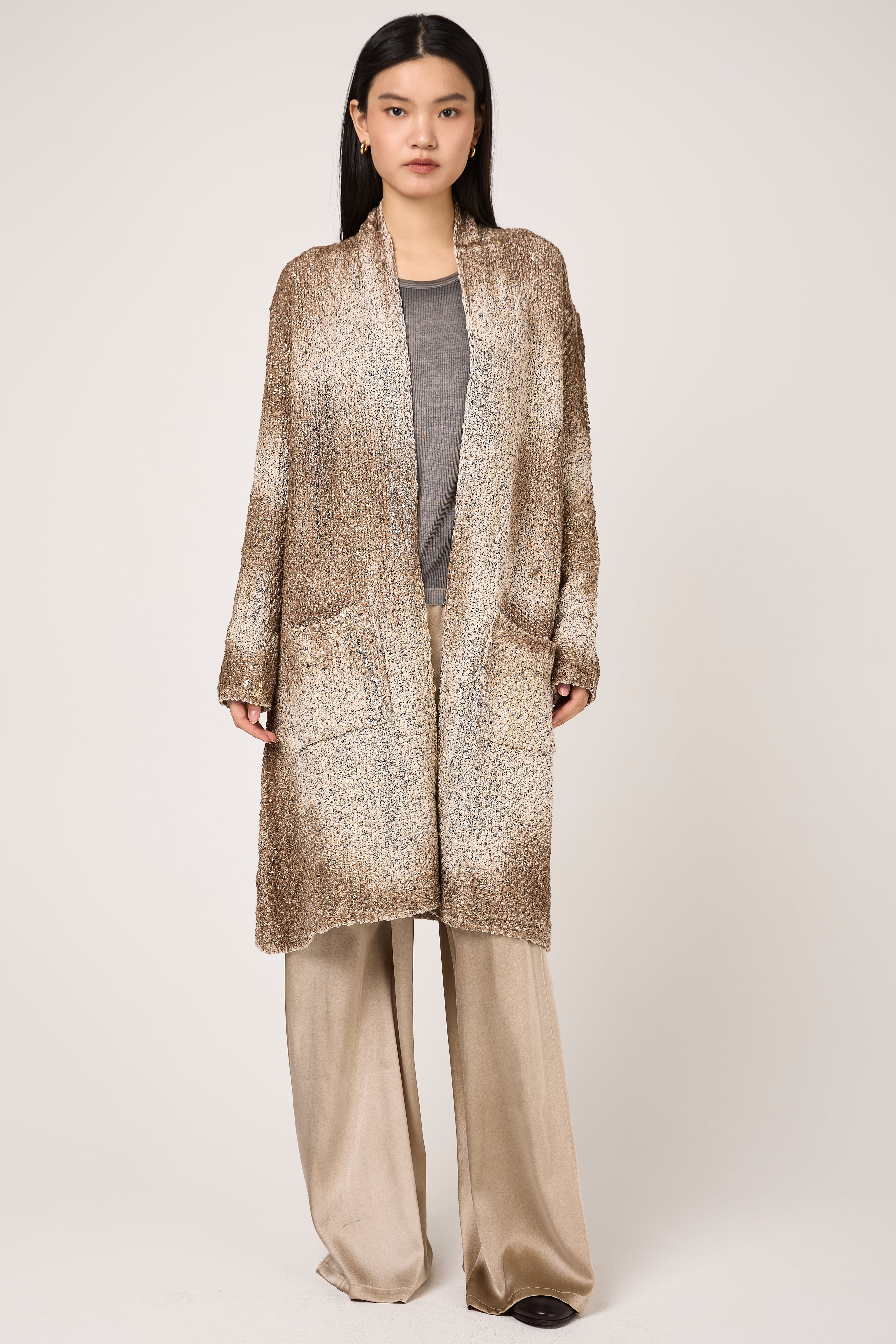 Laminated Scratched Effect Cardigan in Pennellate Sughero