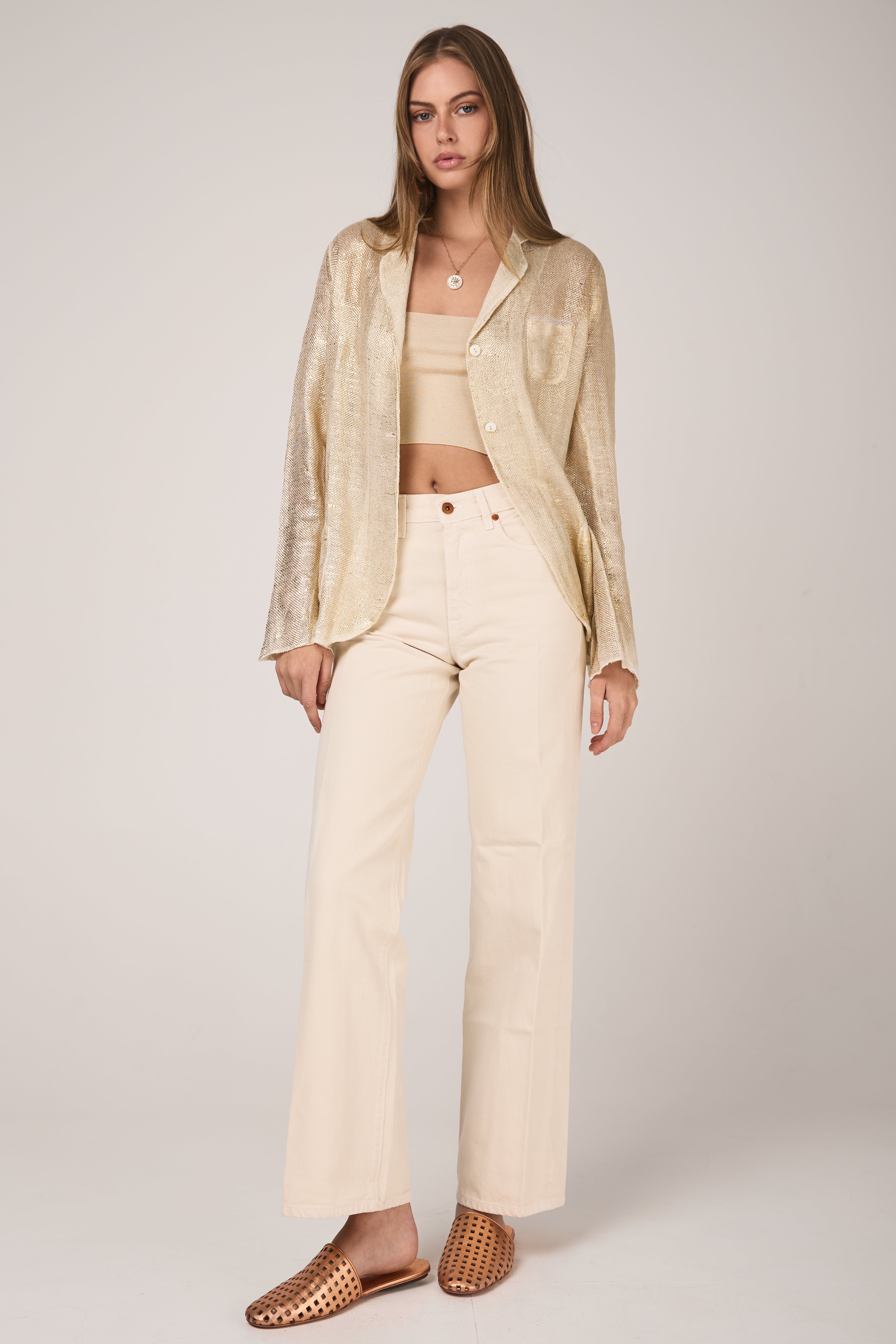 Linen Cotton Net Blazer Jacket with Lamination in Oro