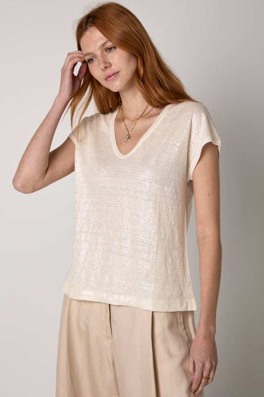 Linen T-Shirt with Mother of Pearl Lamination in Bianco