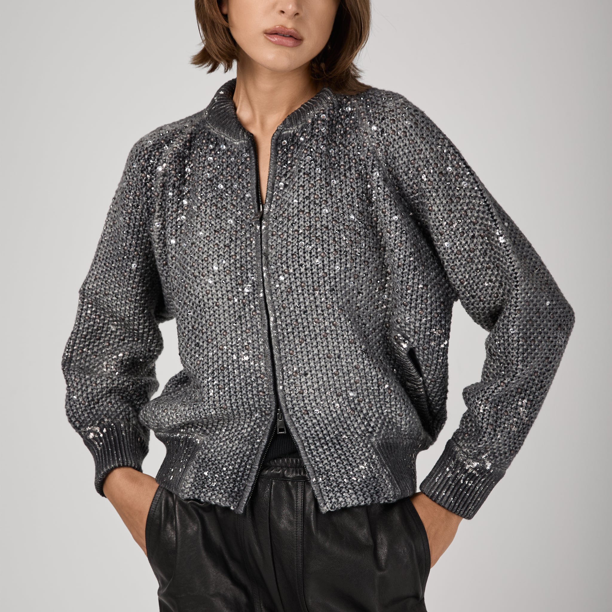 AVANT TOI Shadow Lamination Strassed Bomber Jacket in Husky