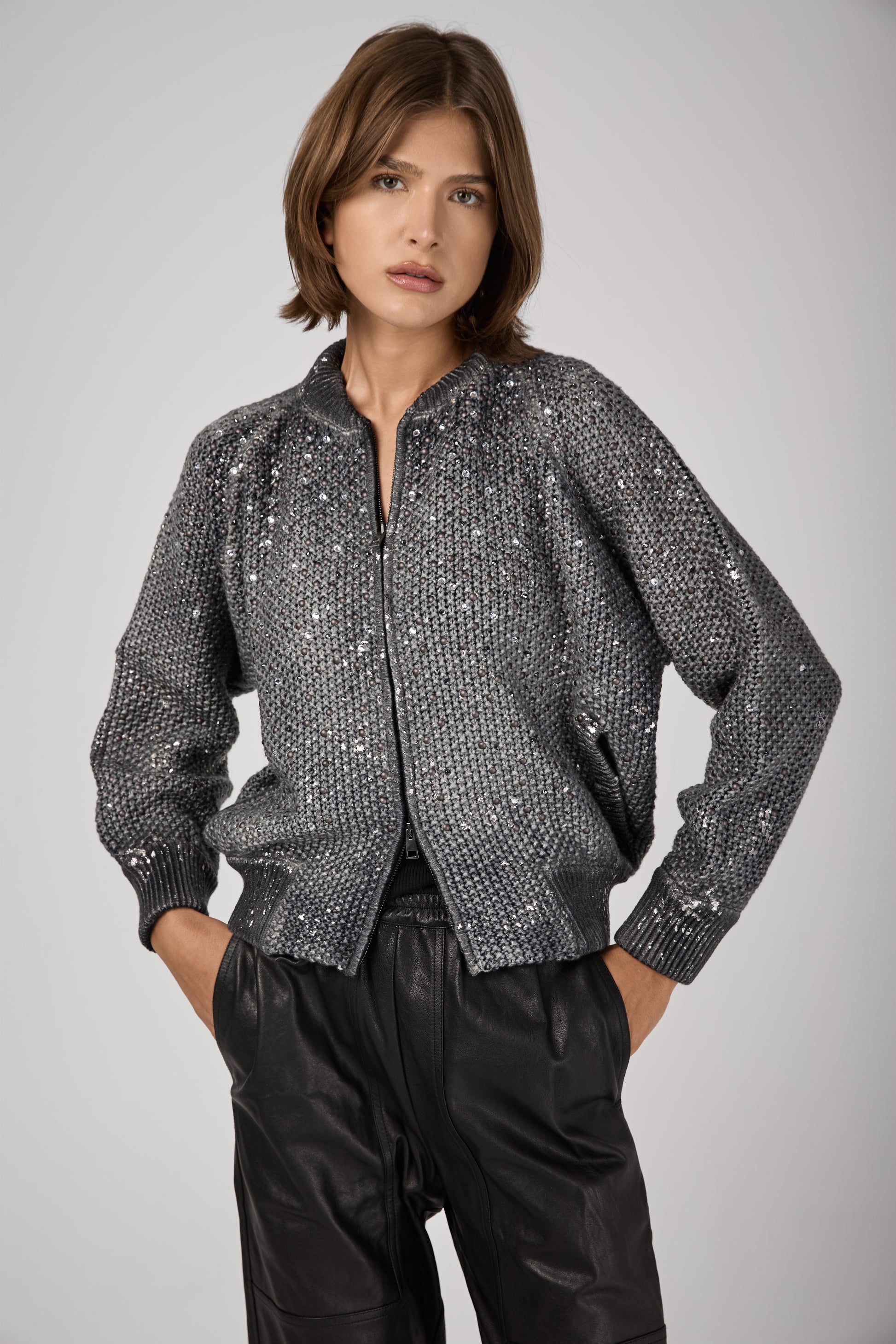 AVANT TOI Shadow Lamination Strassed Bomber Jacket in Husky