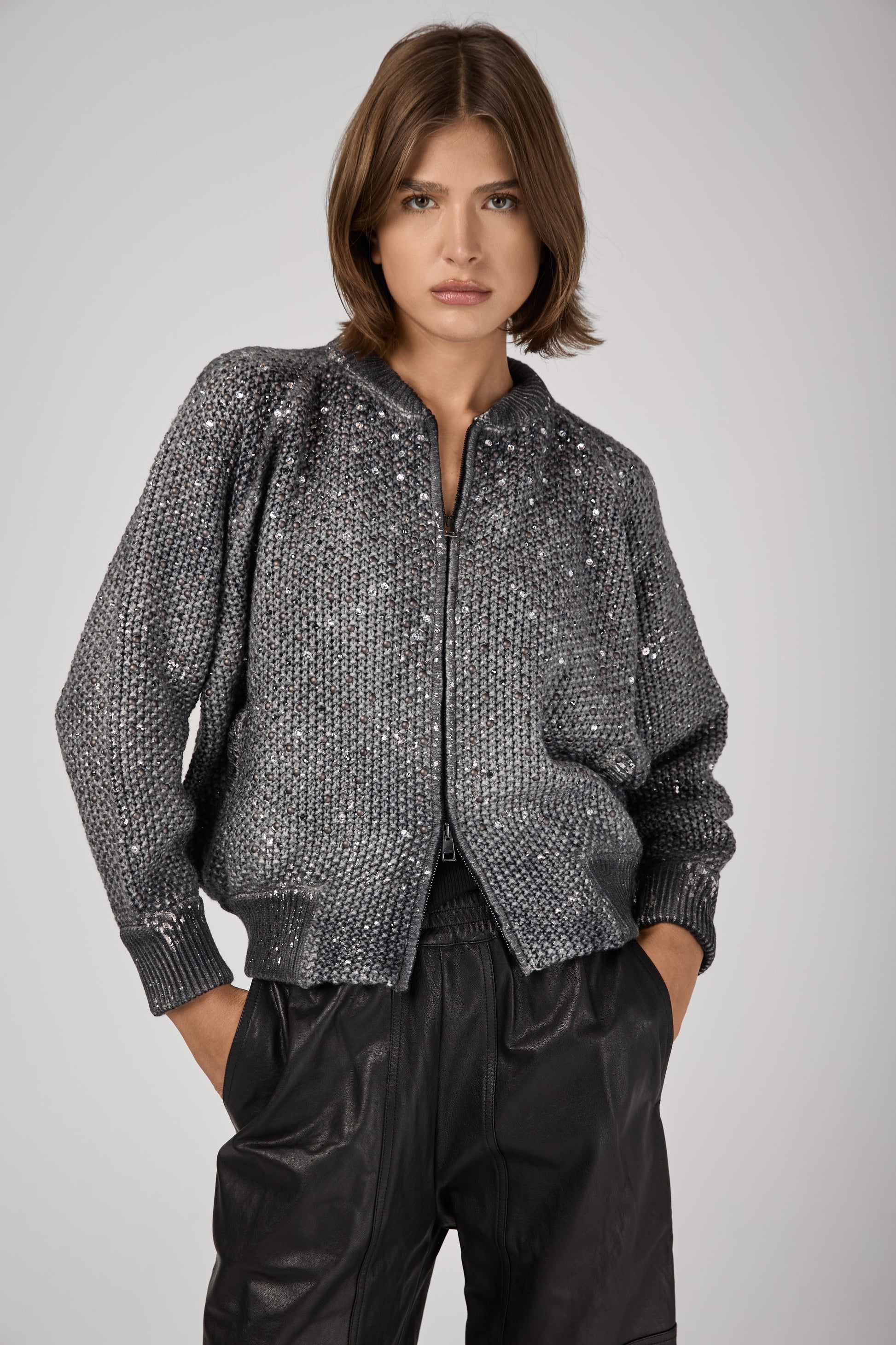 AVANT TOI Shadow Lamination Strassed Bomber Jacket in Husky