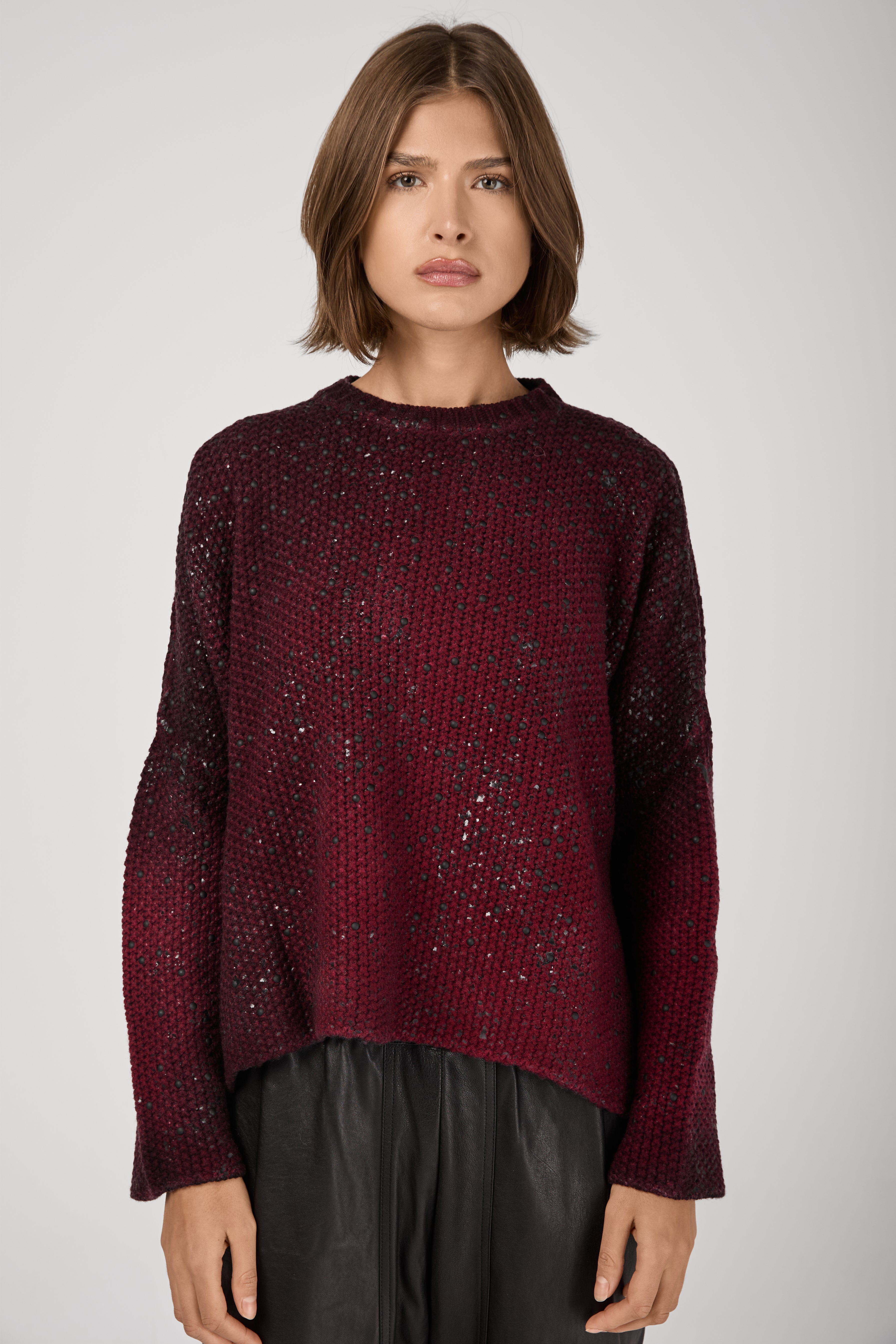 Shadow Lamination Studded Oversized Pullover in Wine