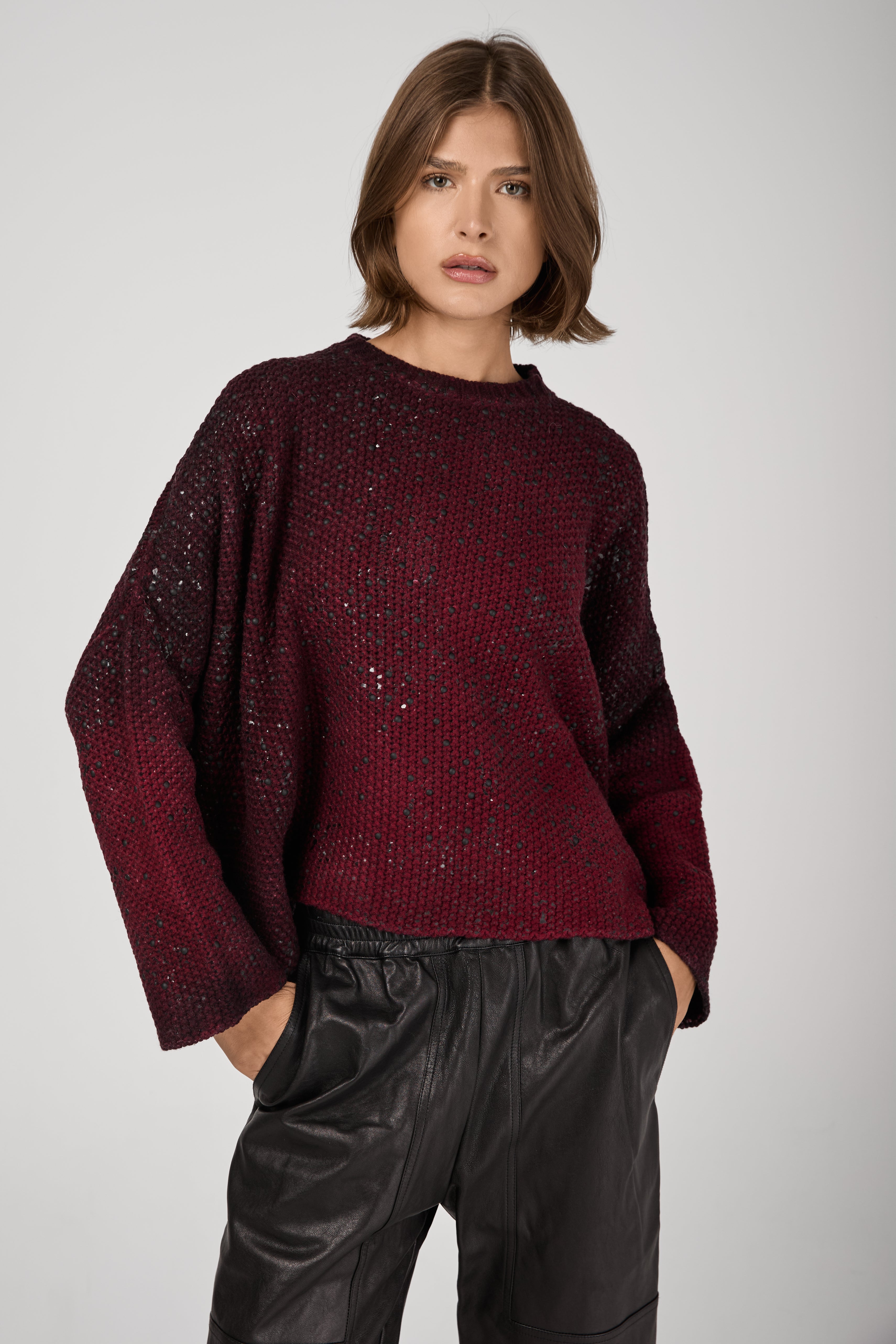 Shadow Lamination Studded Oversized Pullover in Wine