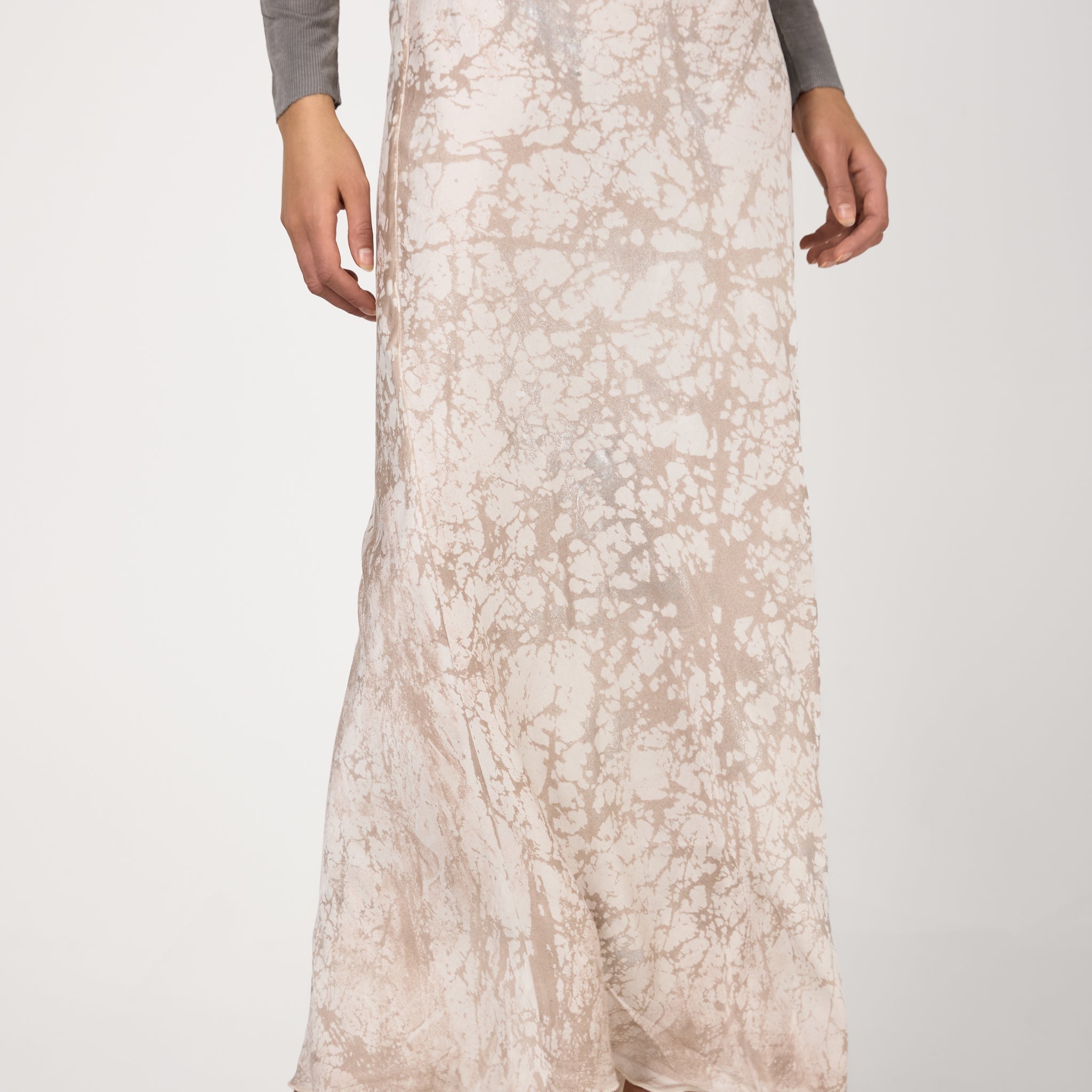 Silk Long Skirt with Lamination in Noce Moscata