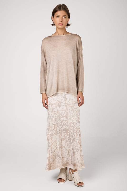 Hand Painted Boat Neck Cashmere Silk Pullover in Noce Moscata