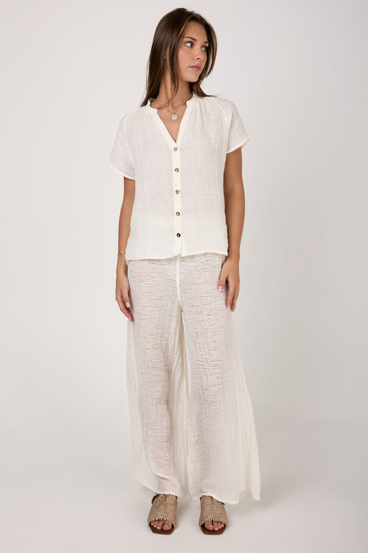 Camicia Primavera Increspato Linen Shirt in Latte
