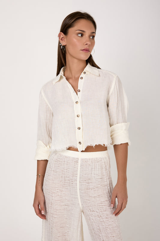 Top Valè Battista Linen Cropped Shirt in Latte