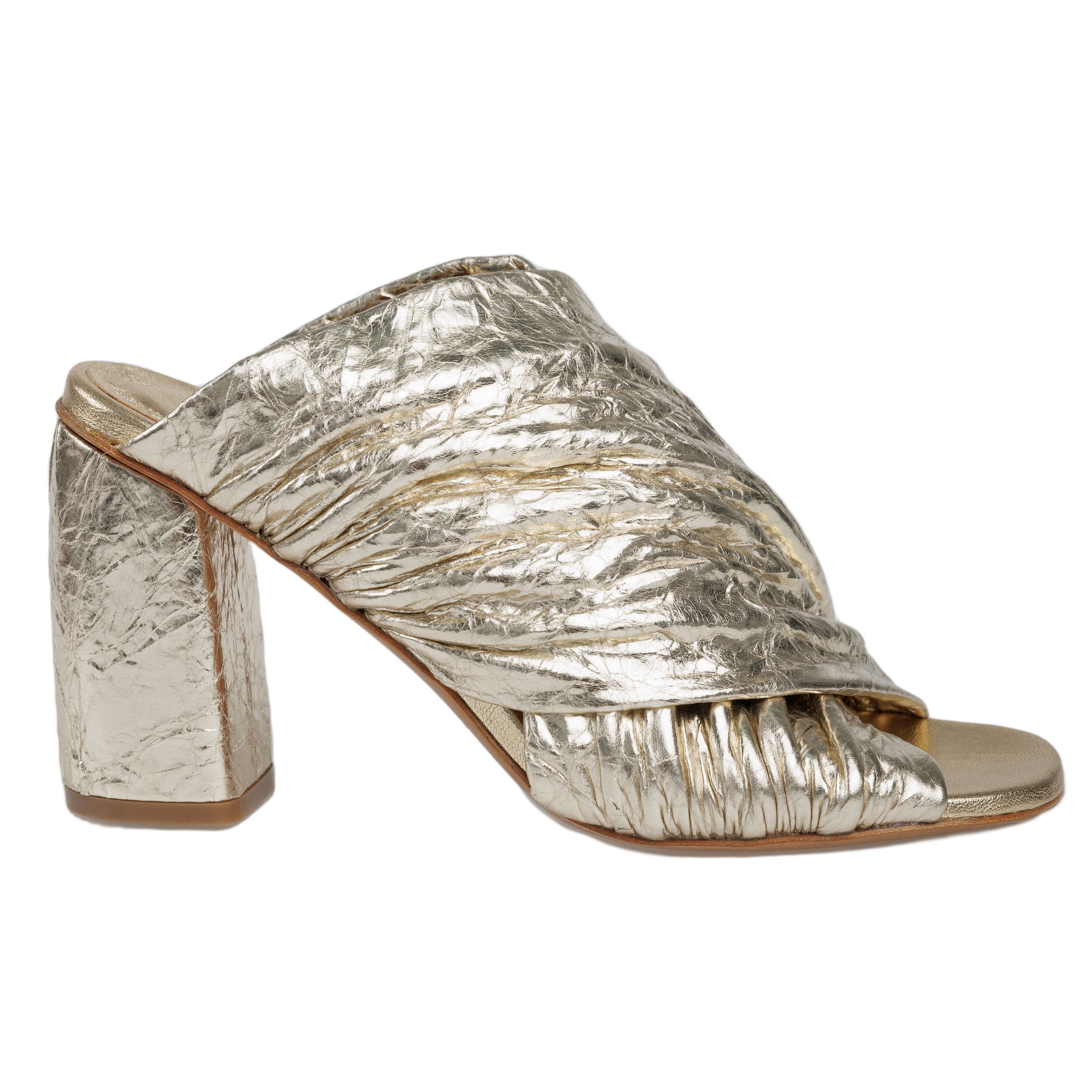 FORTE FORTE Craquel' Lam' Leather Heeled Sandals in Silver