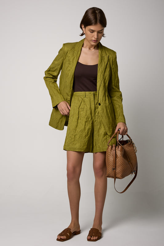 Crinkled Cotton Bermuda Shorts in Aloe