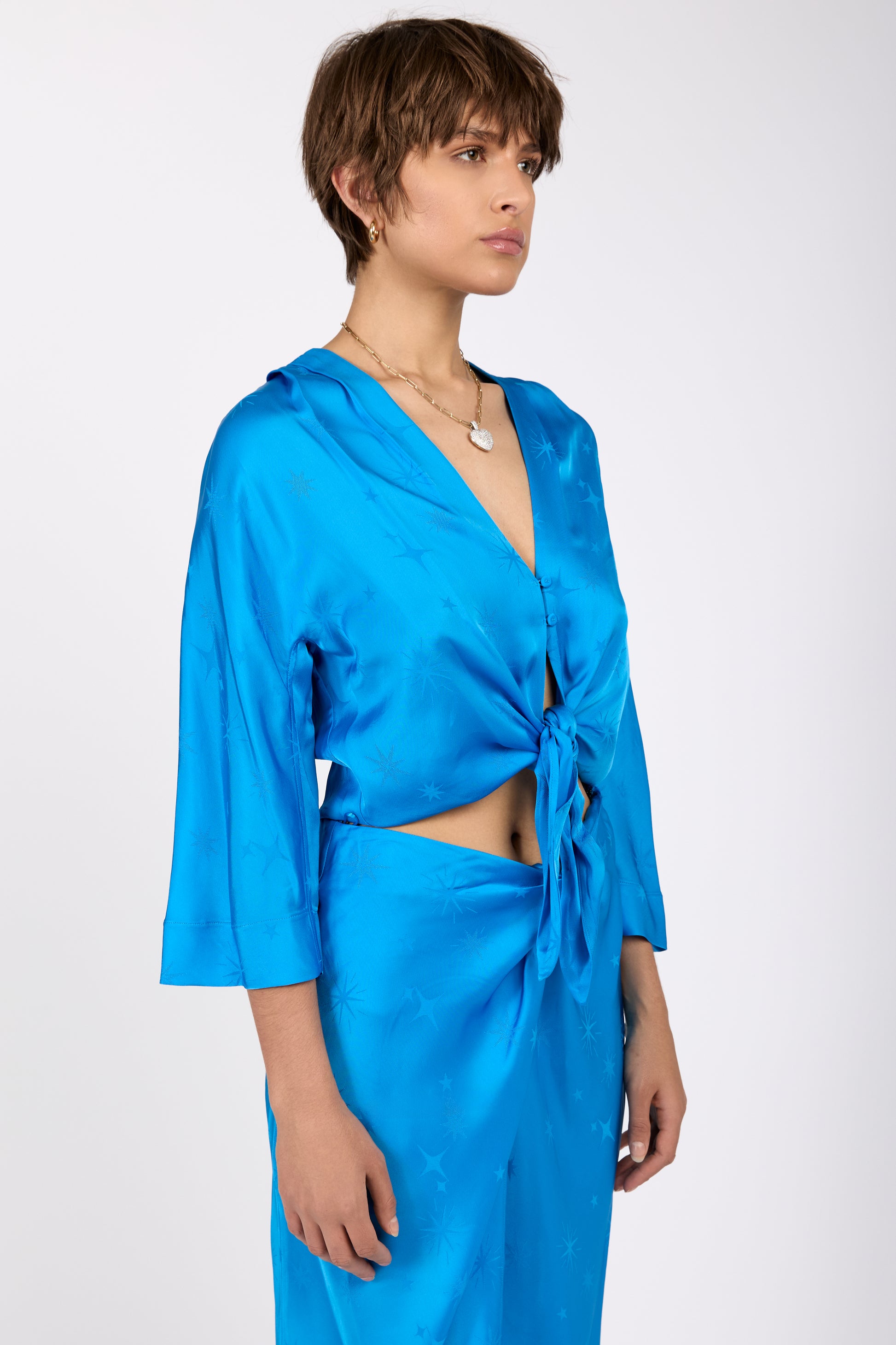 FORTE FORTE Étoile Jacquard Satin Blouse in Turquoise