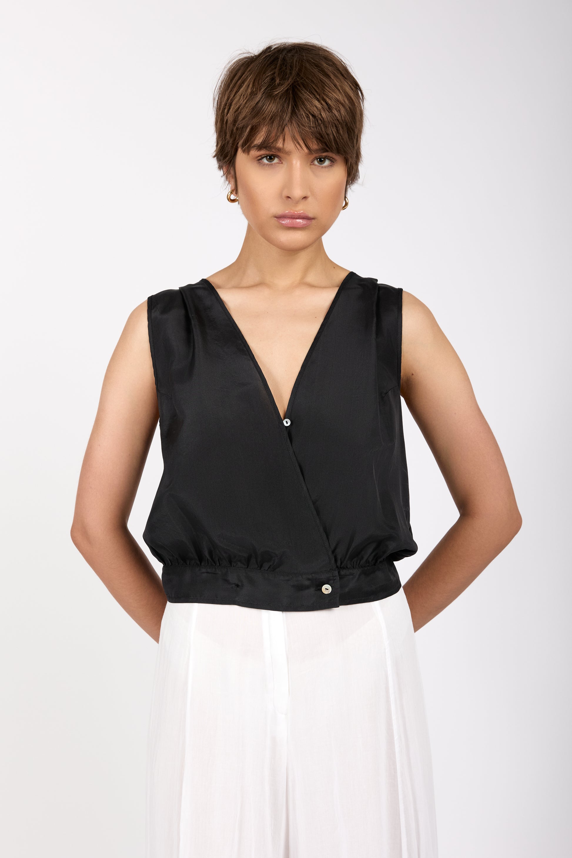 FORTE FORTE Habotai Silk Wrapover Top in Nero