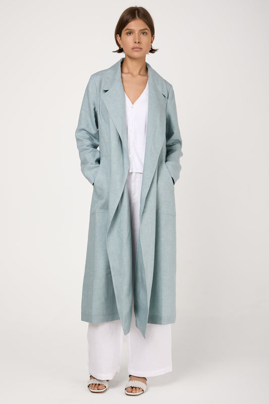 Linen Canvas Belted Coat in Acqua