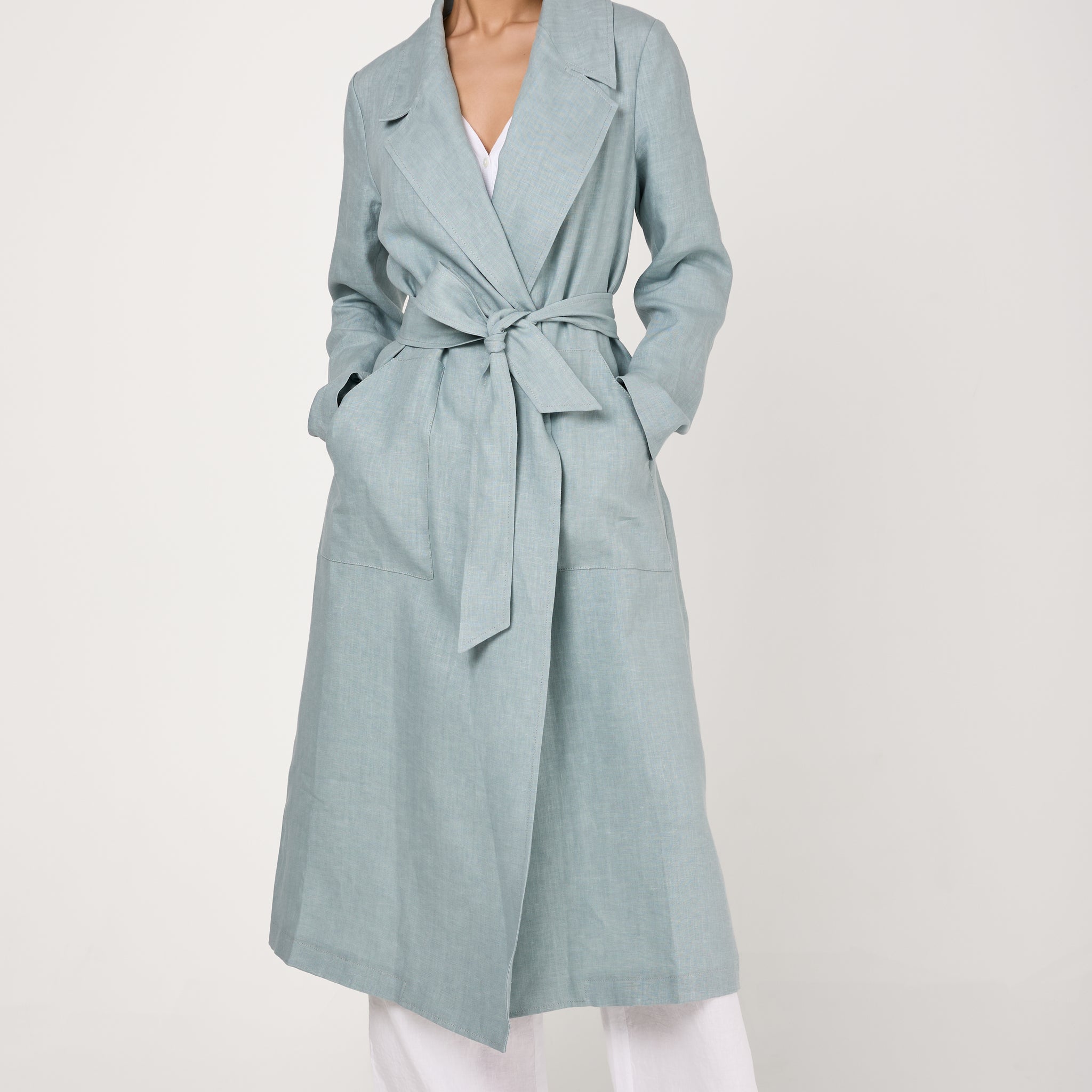 Linen Canvas Belted Coat in Acqua