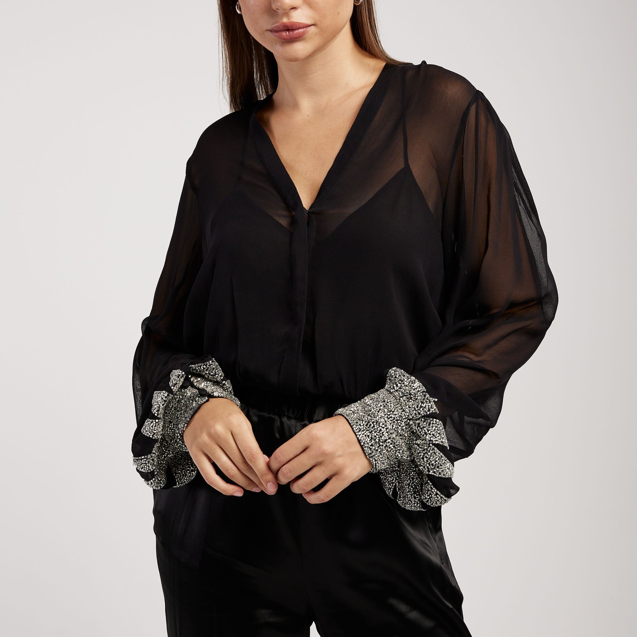 FORTE FORTE 'Enchanted' Embroidery Chic Georgette Shirt in Noir
