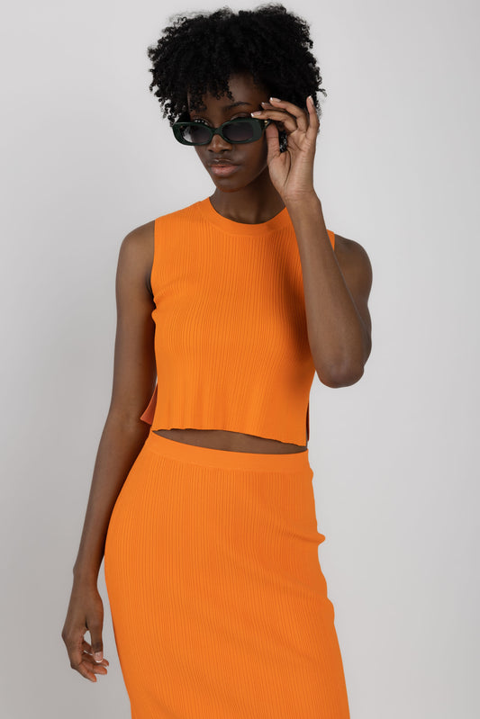 FRAME Mixed Rib Cut Out Tank in Bright Tangerine