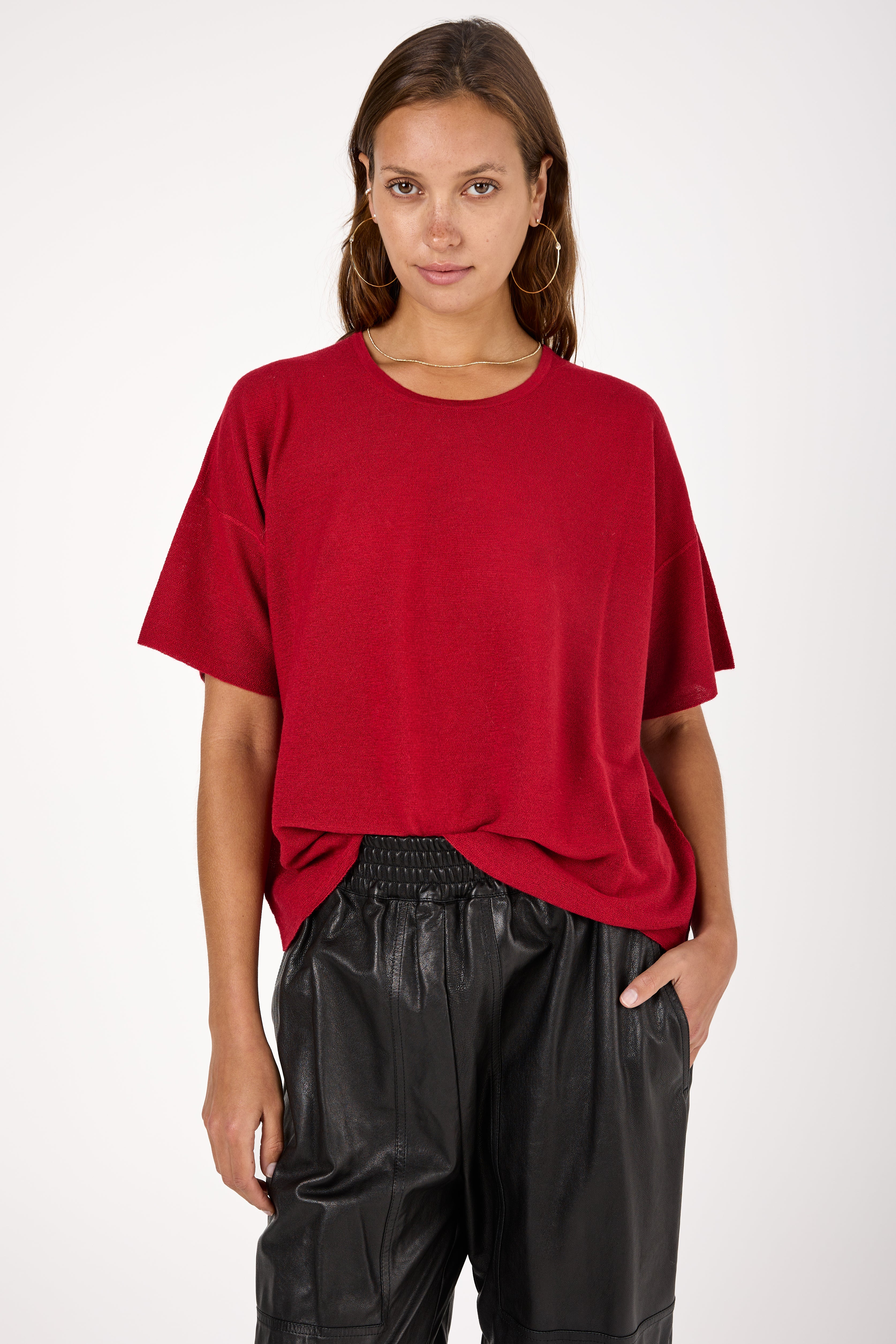 Cashmere Short Sleeve Knit Sweater in Rosso