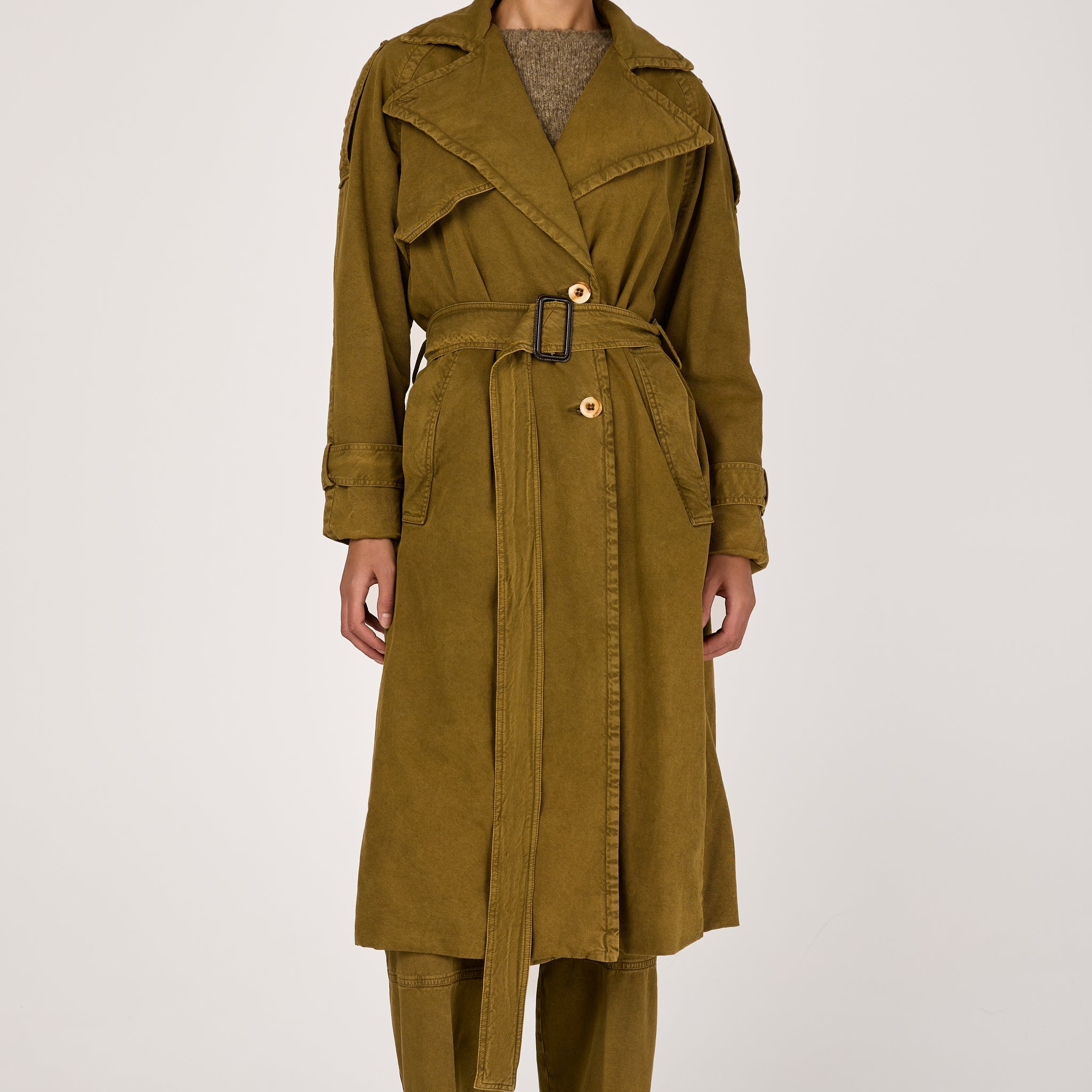 Cotton Woven Trench Coat in Oliva