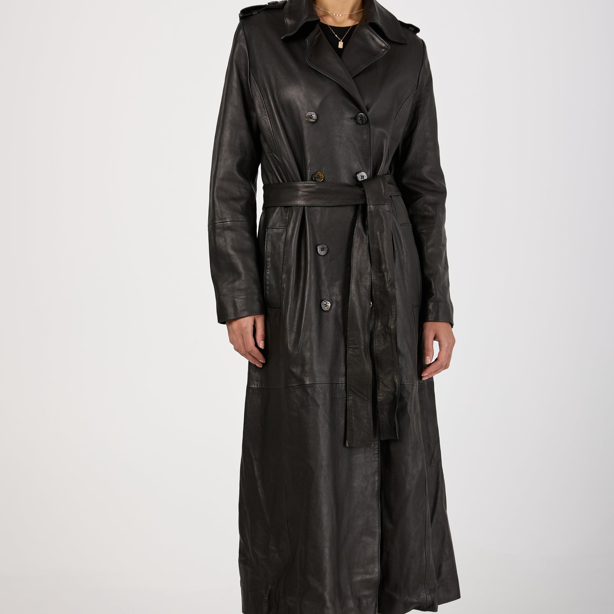 Lamb Leather Trench Coat in Black