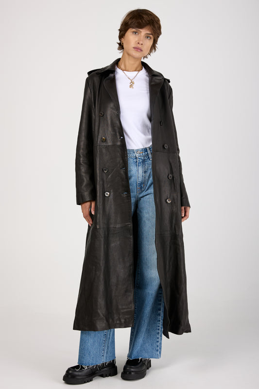 Lamb Leather Trench Coat in Black