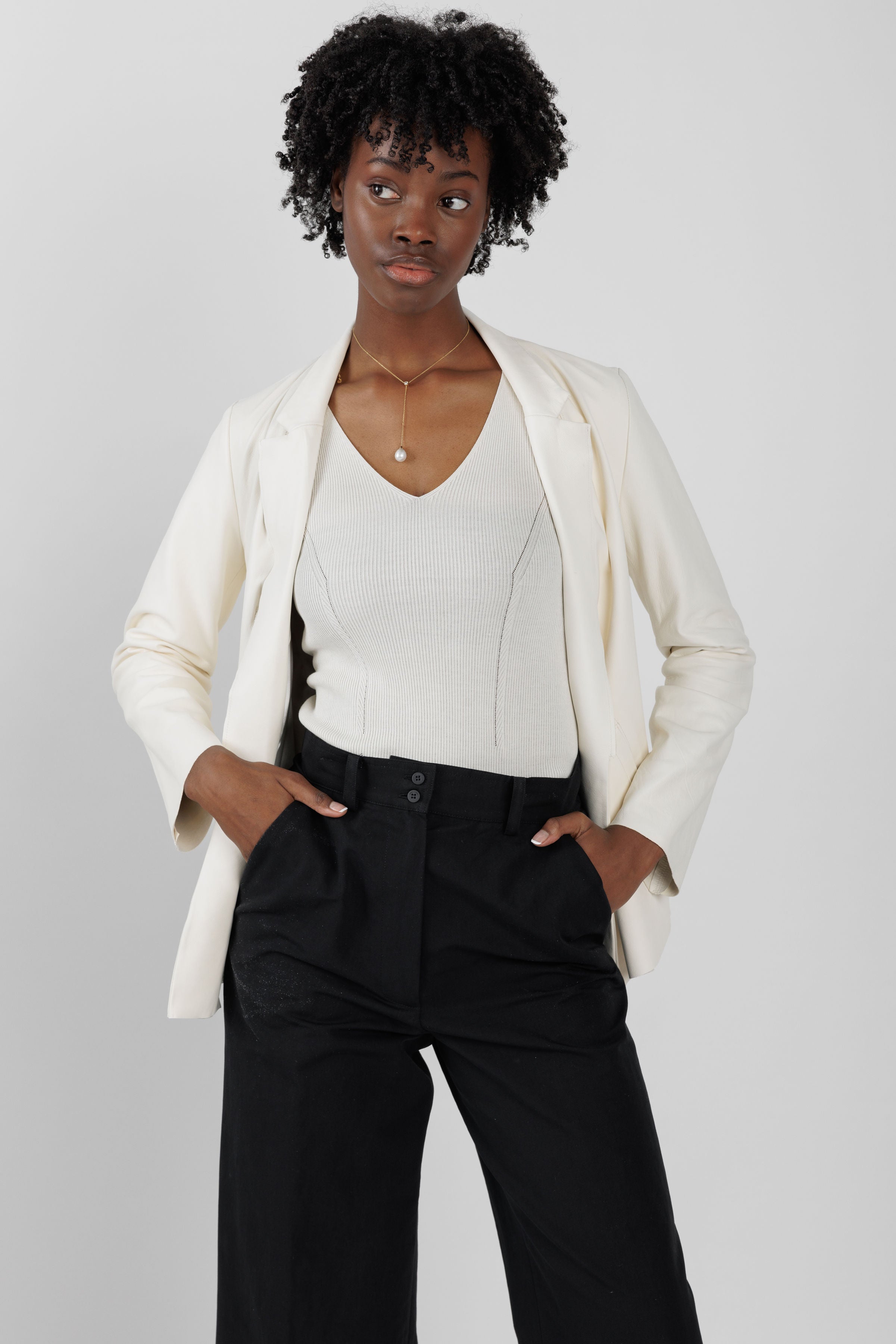 Leather Blazer Jacket in Off White