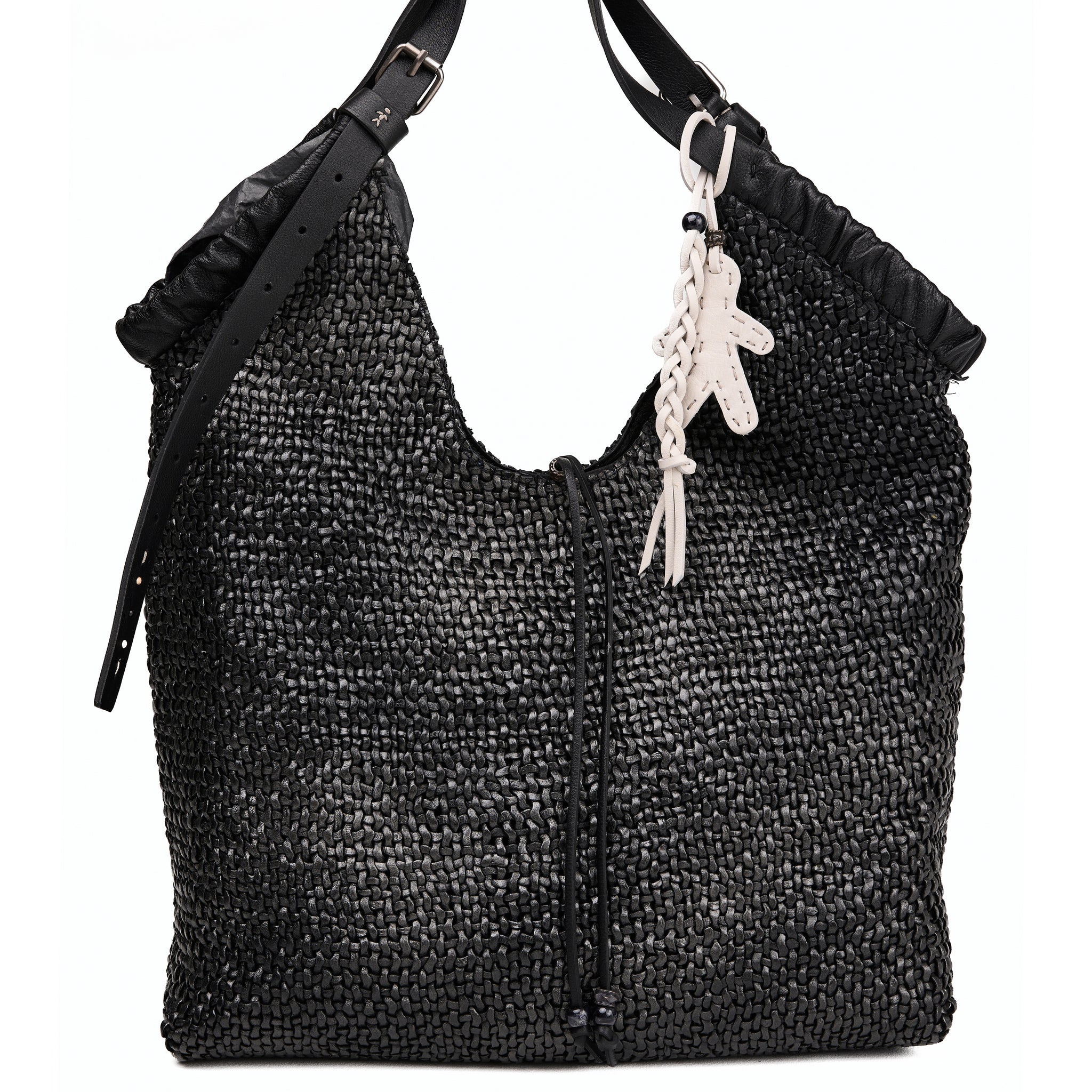 New Canotta Arricciata Leather Bag in Madreperla Nero