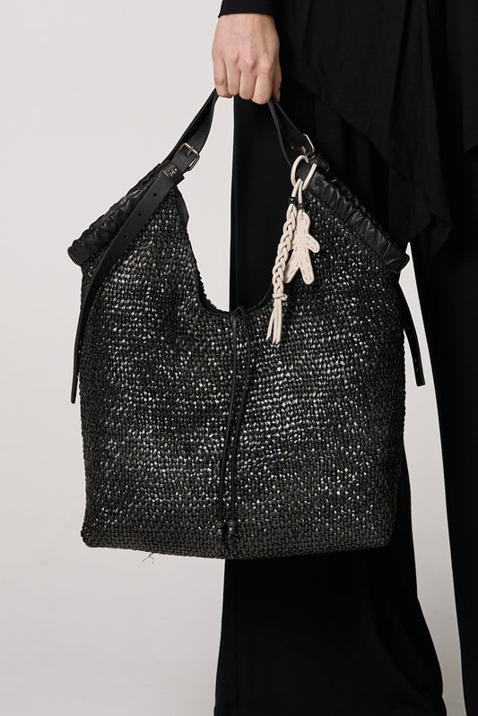 New Canotta Arricciata Leather Bag in Madreperla Nero