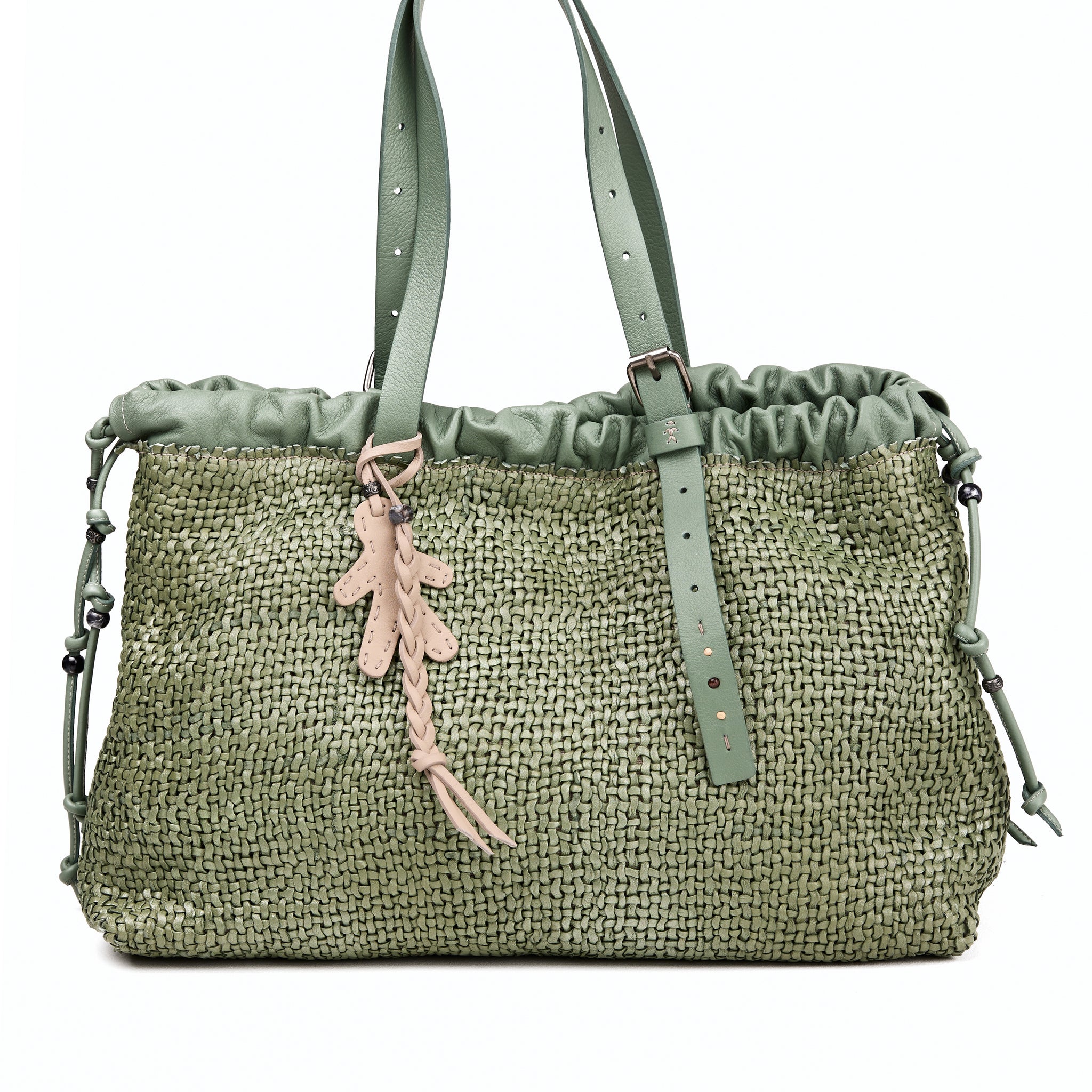 Woven Intreccio Leather Arricciata Bag in Madreperla Agave