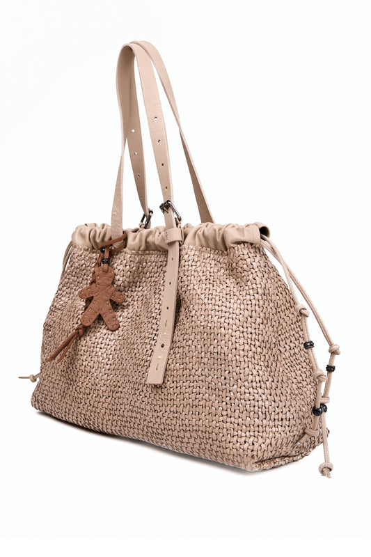 Woven Intreccio Leather Arricciata Bag in Madreperla Beige