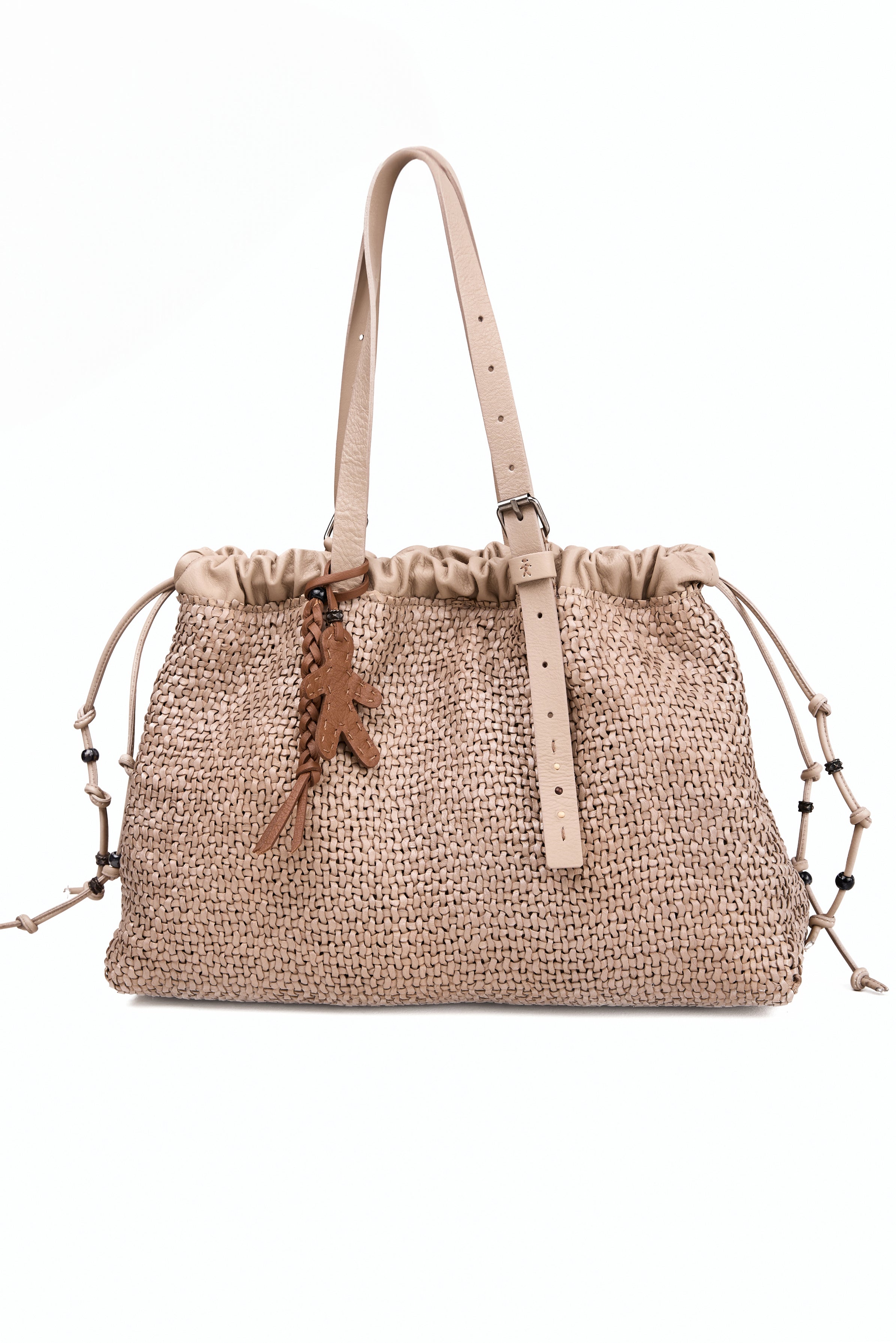 Woven Intreccio Leather Arricciata Bag in Madreperla Beige