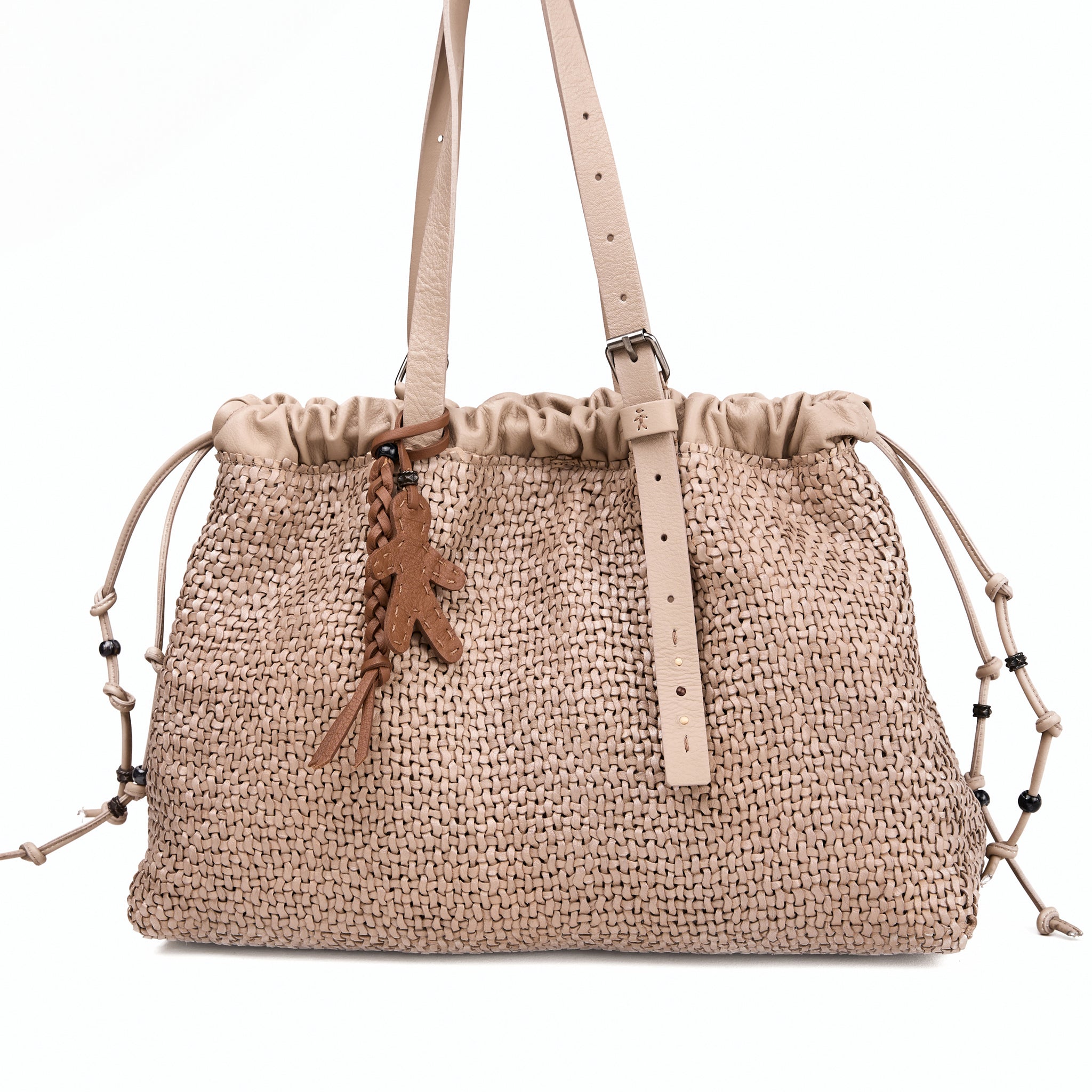 Woven Intreccio Leather Arricciata Bag in Madreperla Beige