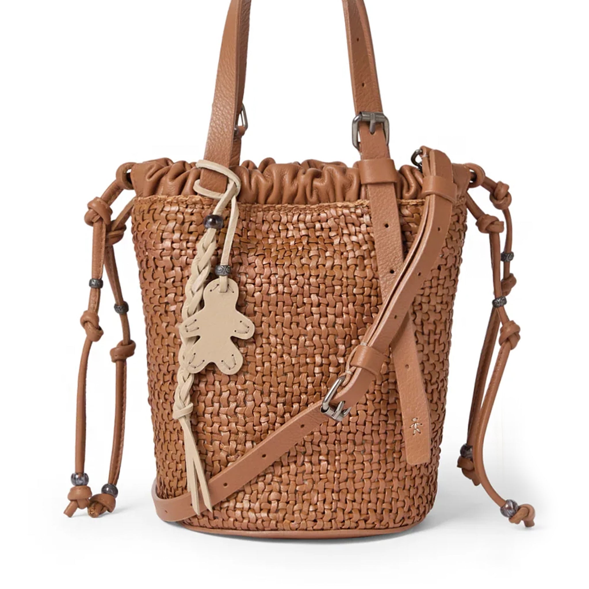 Secchiello Intreccio Leather Arricciata Bag in Madreperla Cuoio