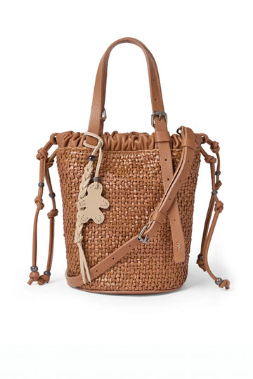 Secchiello Intreccio Leather Arricciata Bag in Madreperla Cuoio