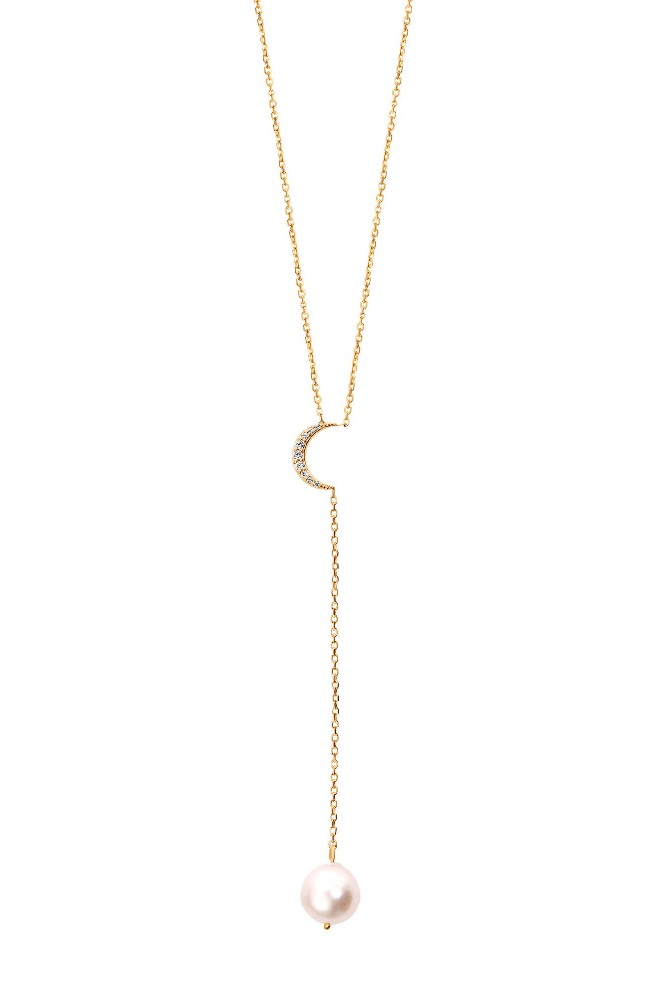 Diamond Crescent Moon Freshwater Pearl Lariat Necklace in 14k Yellow Gold