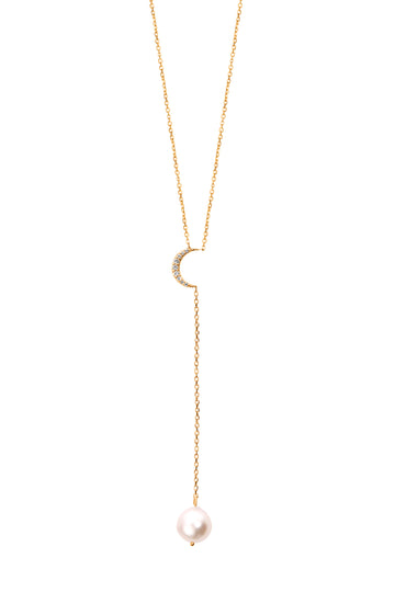Diamond Crescent Moon Freshwater Pearl Lariat Necklace in 14k Yellow Gold