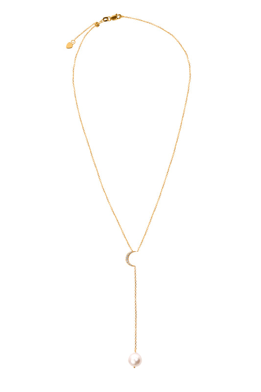 Diamond Crescent Moon Freshwater Pearl Lariat Necklace in 14k Yellow Gold