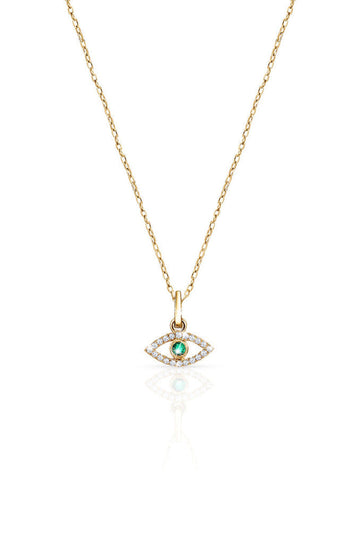 Mini Emerald Evil Eye Necklace in 14k Yellow Gold